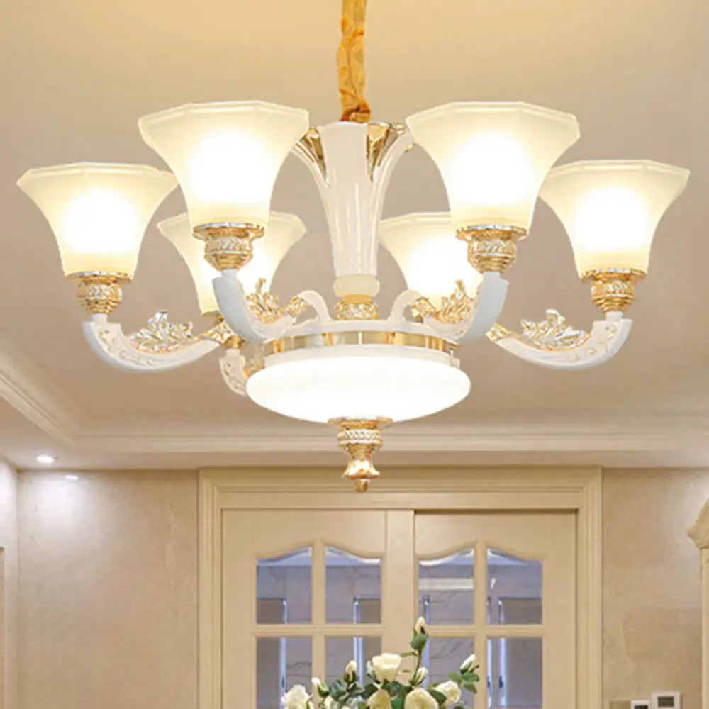 White Paneled Chandelier With Frosted Glass Shade - Simple Suspension Lamp 6 /