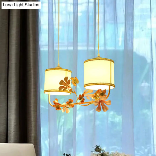 White Pastoral Cylinder Ceiling Light With Blossom Decor - Multi Pendant Lamp (2 Bulbs) Fabric