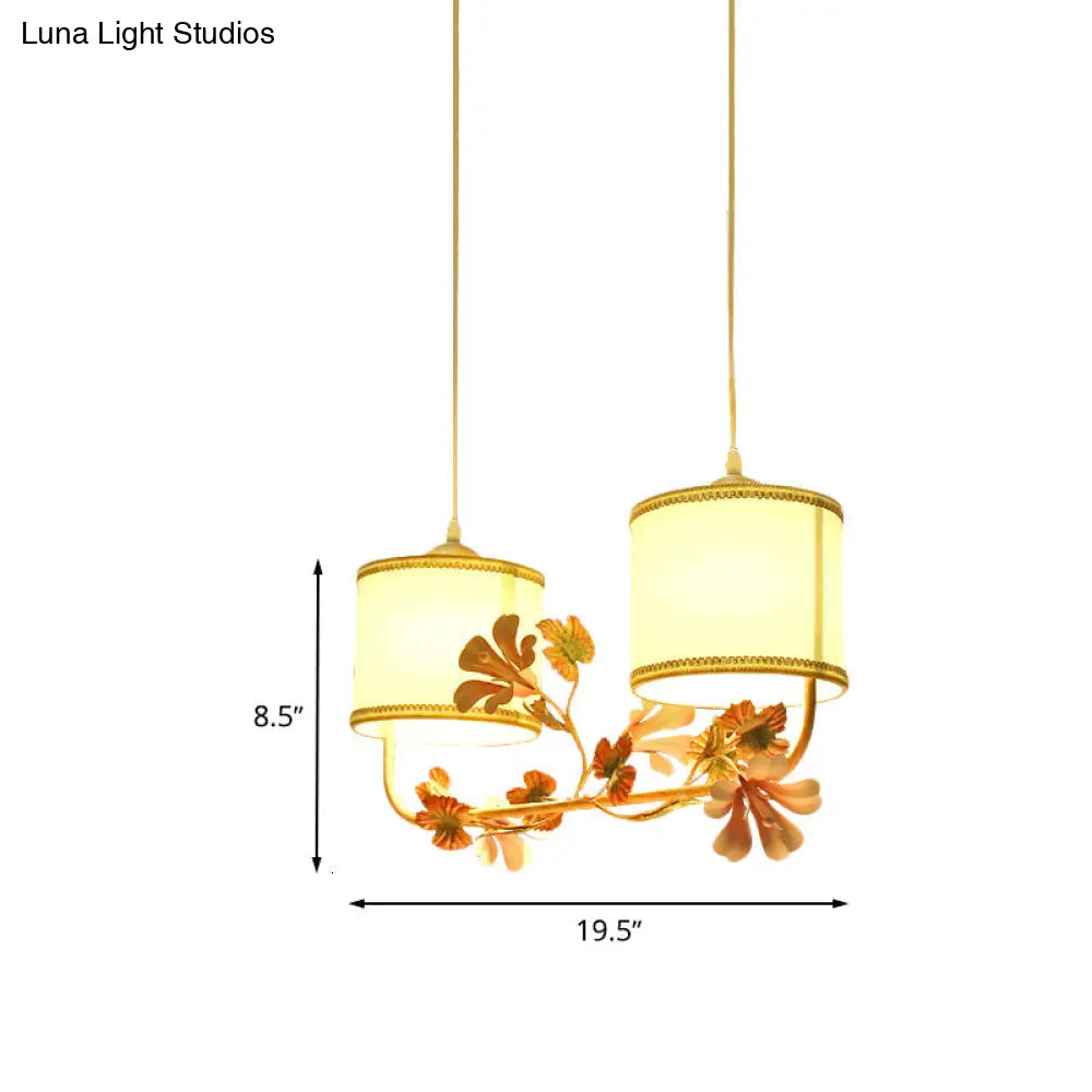 White Pastoral Cylinder Ceiling Light With Blossom Decor - Multi Pendant Lamp (2 Bulbs) Fabric