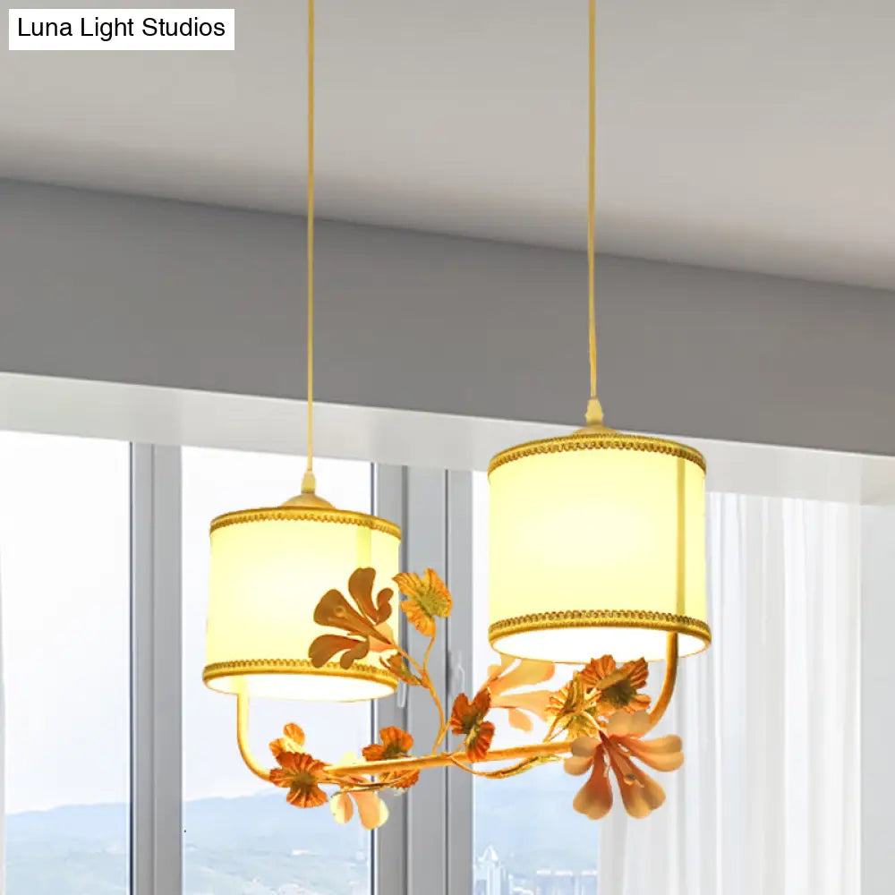 White Pastoral Cylinder Ceiling Light With Blossom Decor - Multi Pendant Lamp (2 Bulbs) Fabric