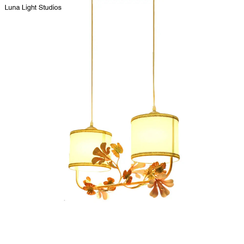 White Pastoral Cylinder Ceiling Light With Blossom Decor - Multi Pendant Lamp (2 Bulbs) Fabric