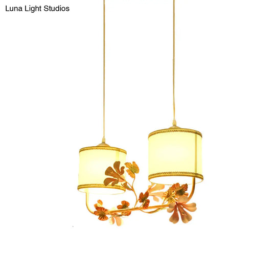 White Pastoral Cylinder Ceiling Light With Blossom Decor - Multi Pendant Lamp (2 Bulbs) Fabric