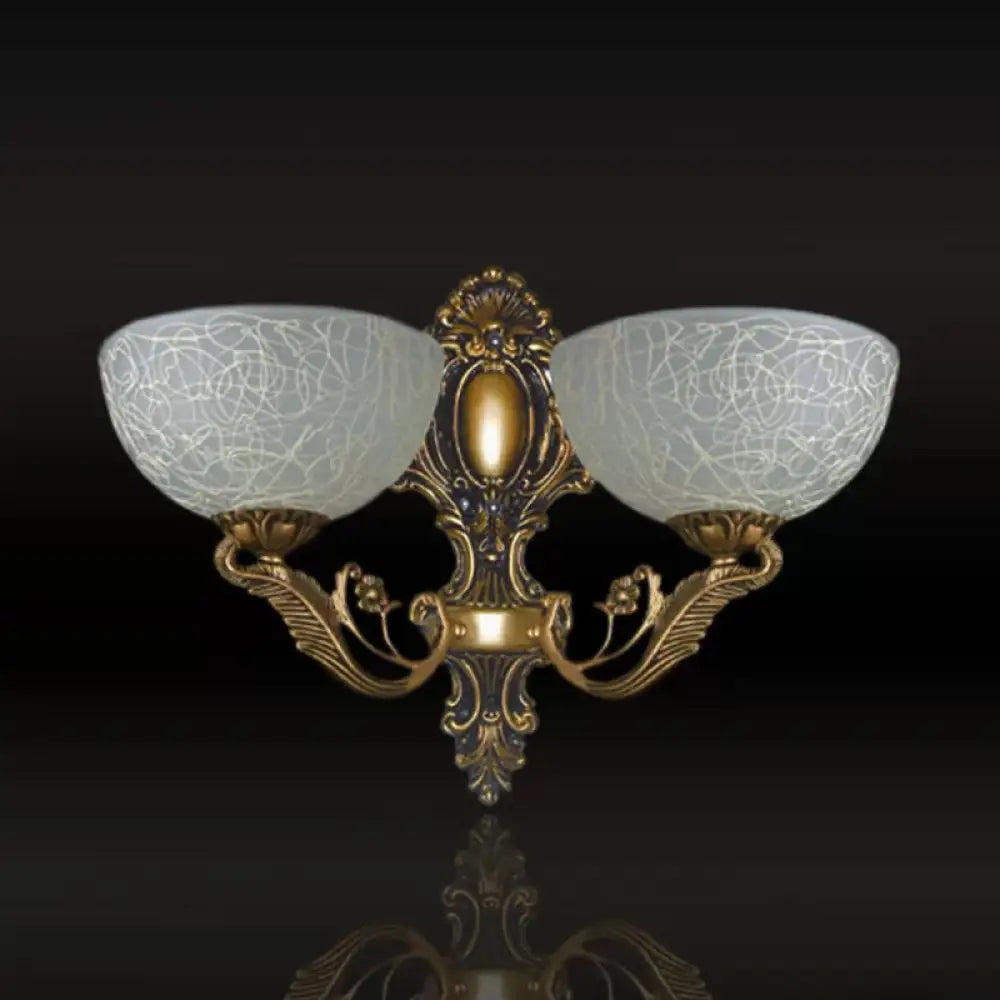 White Patterned Glass Sconce Lamp With 2 Bulbs Ideal For Wall Mount In Rural Foyer - Bronze Finish