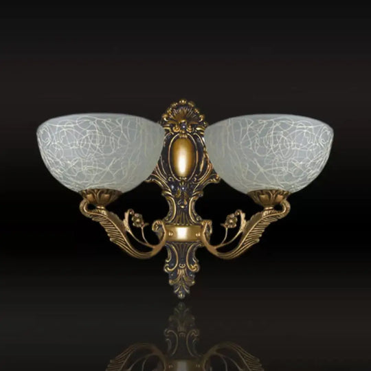 White Patterned Glass Sconce Lamp With 2 Bulbs Ideal For Wall Mount In Rural Foyer - Bronze Finish