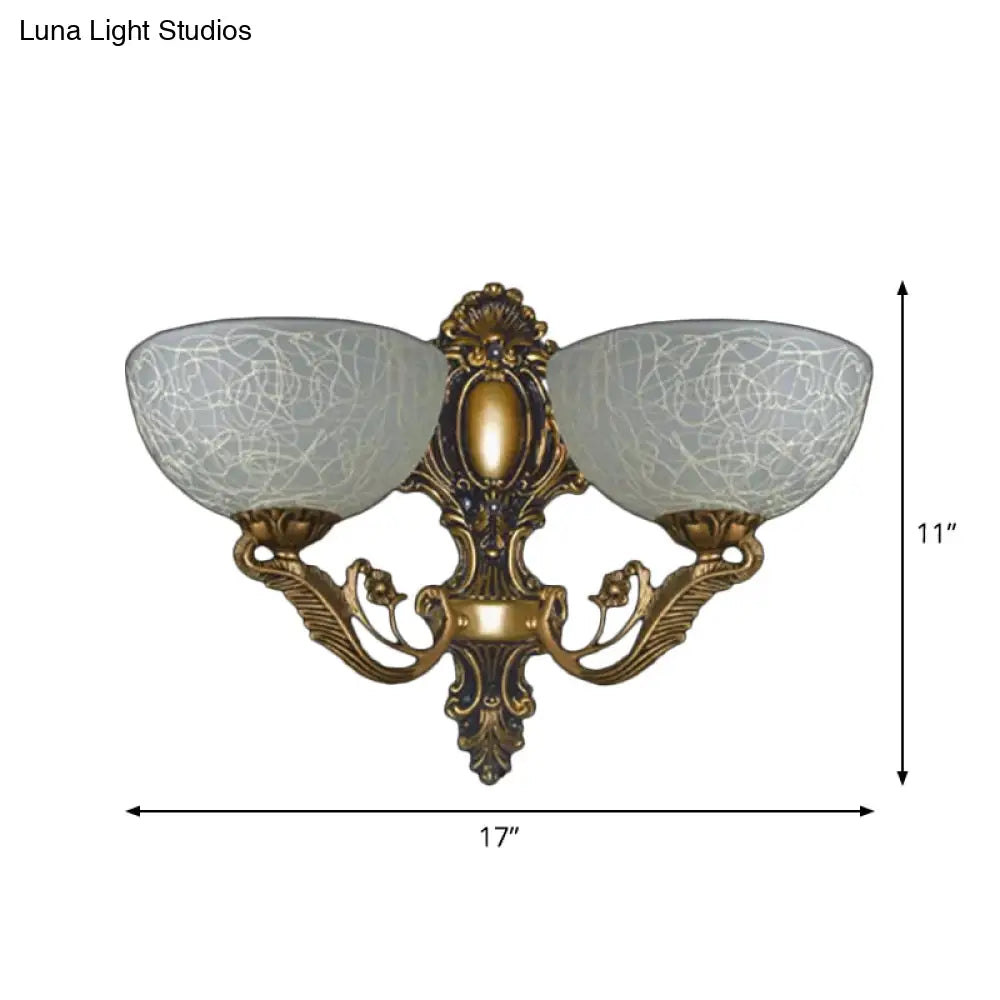 White Patterned Glass Sconce Lamp With 2 Bulbs Ideal For Wall Mount In Rural Foyer - Bronze Finish