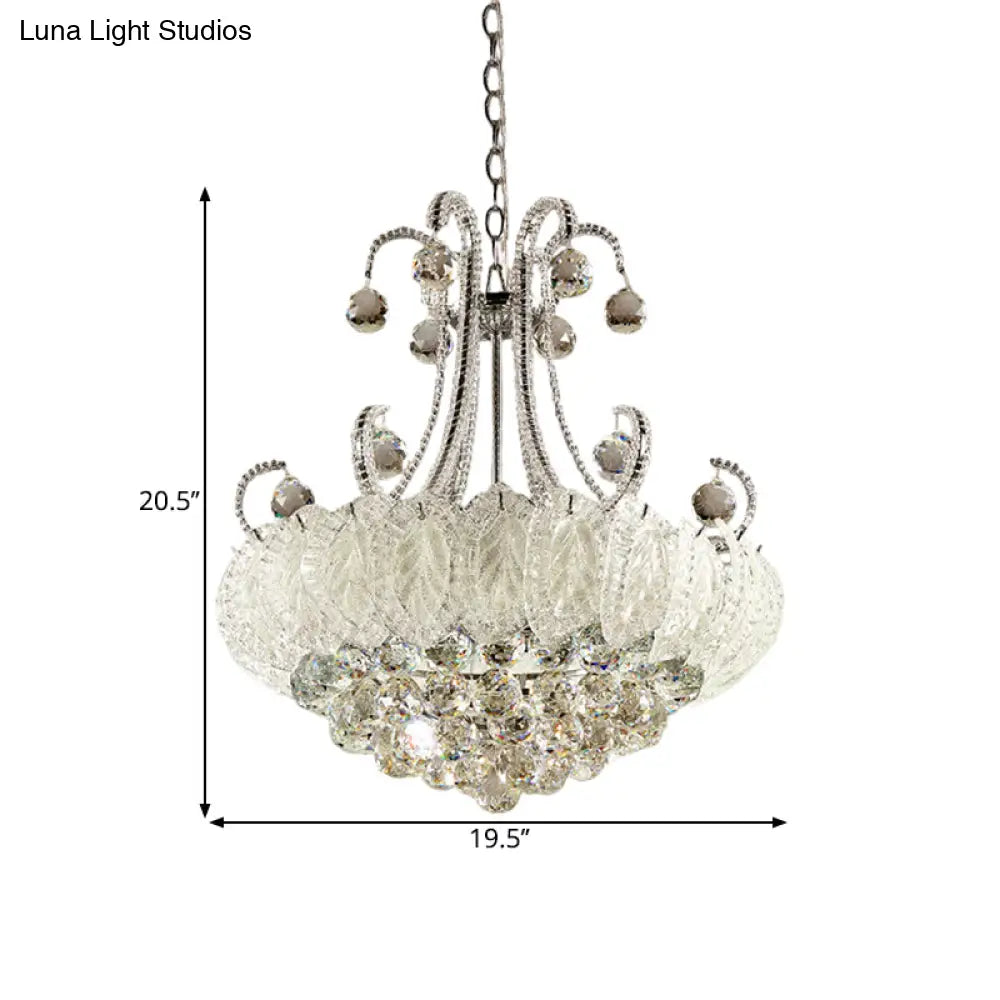 White Pendant Chandelier With Crystal Ball Accent 8-Bulb Simplicity Light Kit And Scrolled Frame