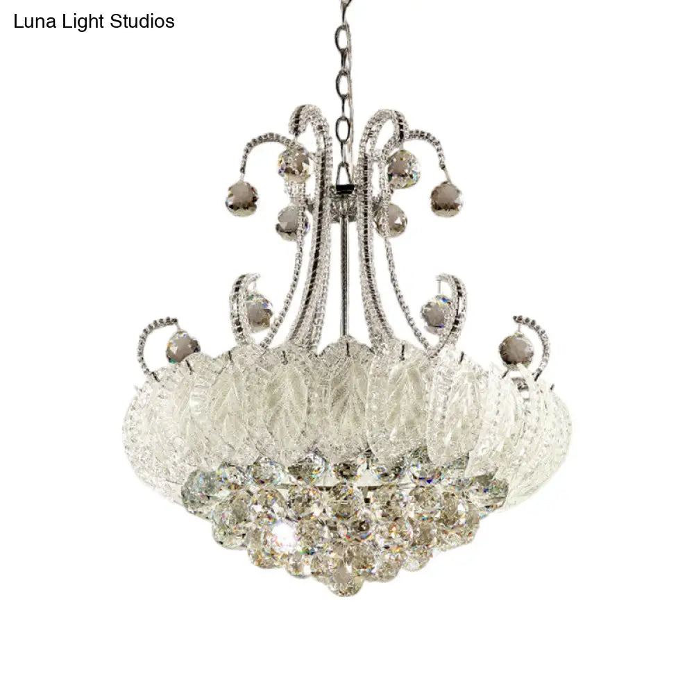 White Pendant Chandelier With Crystal Ball Accent 8-Bulb Simplicity Light Kit And Scrolled Frame