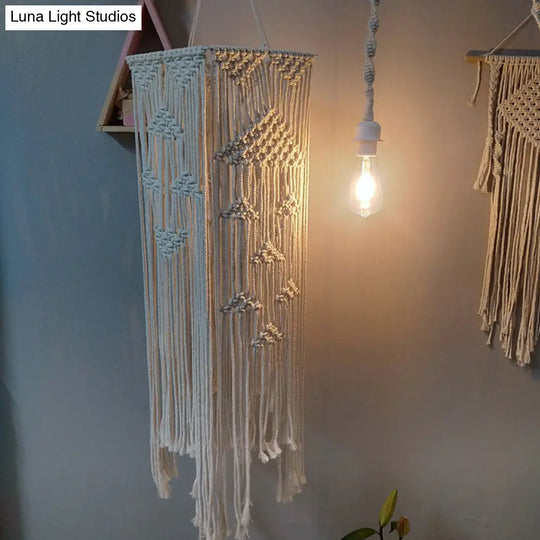 White Pendulum Light - Traditional Rope Braided Rectangle Suspension Lamp For Bedroom