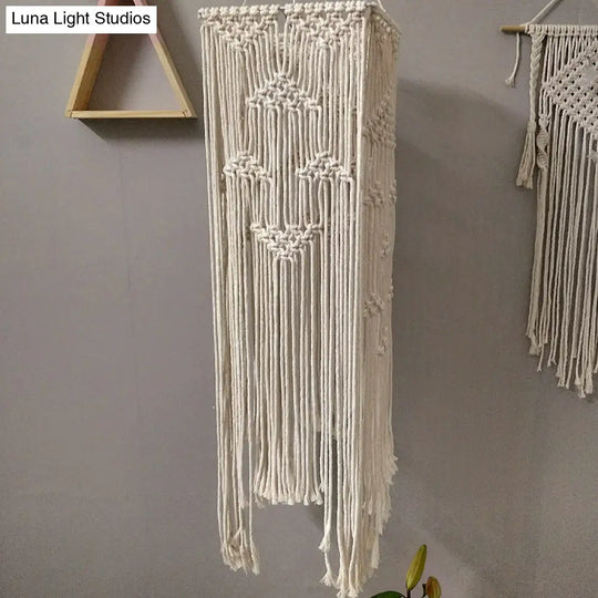 White Pendulum Light - Traditional Rope Braided Rectangle Suspension Lamp For Bedroom