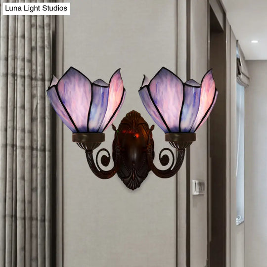 White/Pink Glass Petal Wall Sconce With Swirl Arm - 2 Lights Mediterranean Lighting Fixture For