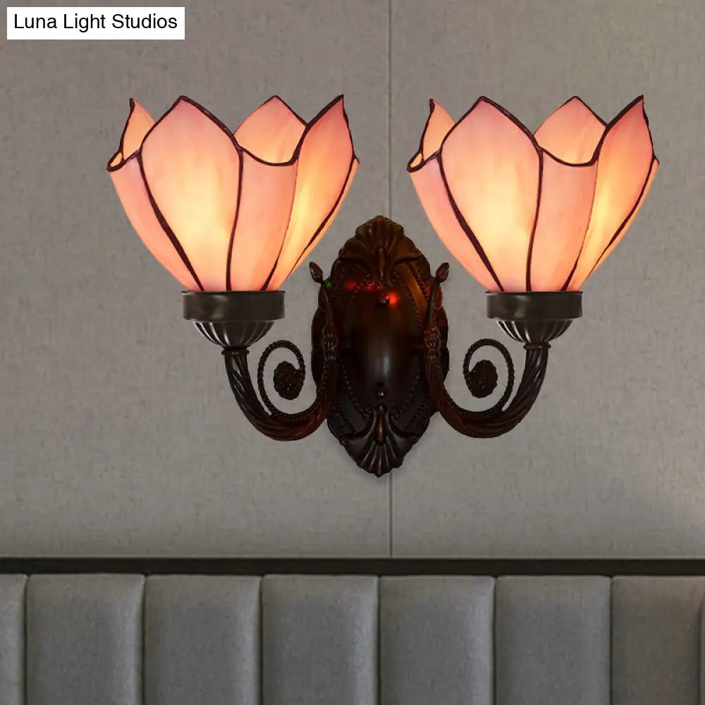 White/Pink Glass Petal Wall Sconce With Swirl Arm - 2 Lights Mediterranean Lighting Fixture For