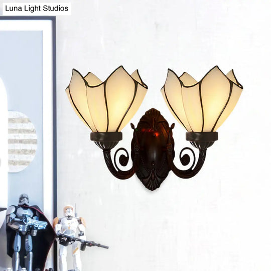 White/Pink Glass Petal Wall Sconce With Swirl Arm - 2 Lights Mediterranean Lighting Fixture For