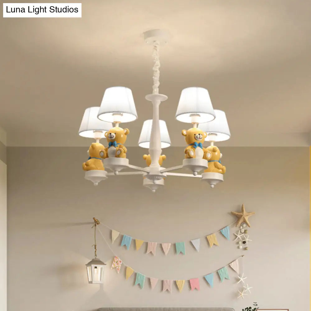 White Pleated Fabric Kids Bucket Chandelier With Decorative Bear Child Room Pendant Light