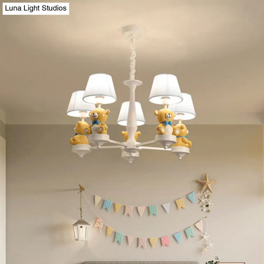 White Pleated Fabric Kids Bucket Chandelier With Decorative Bear Child Room Pendant Light