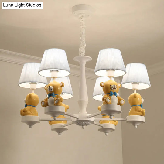 White Pleated Fabric Kids Bucket Chandelier With Decorative Bear Child Room Pendant Light