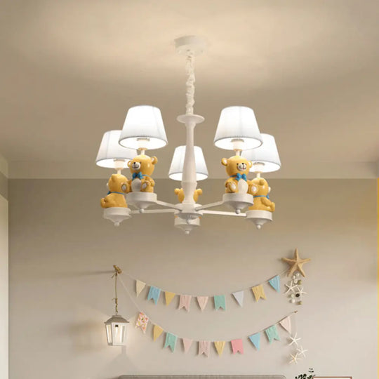 White Pleated Fabric Kids Bucket Chandelier With Decorative Bear Child Room Pendant Light 5 /