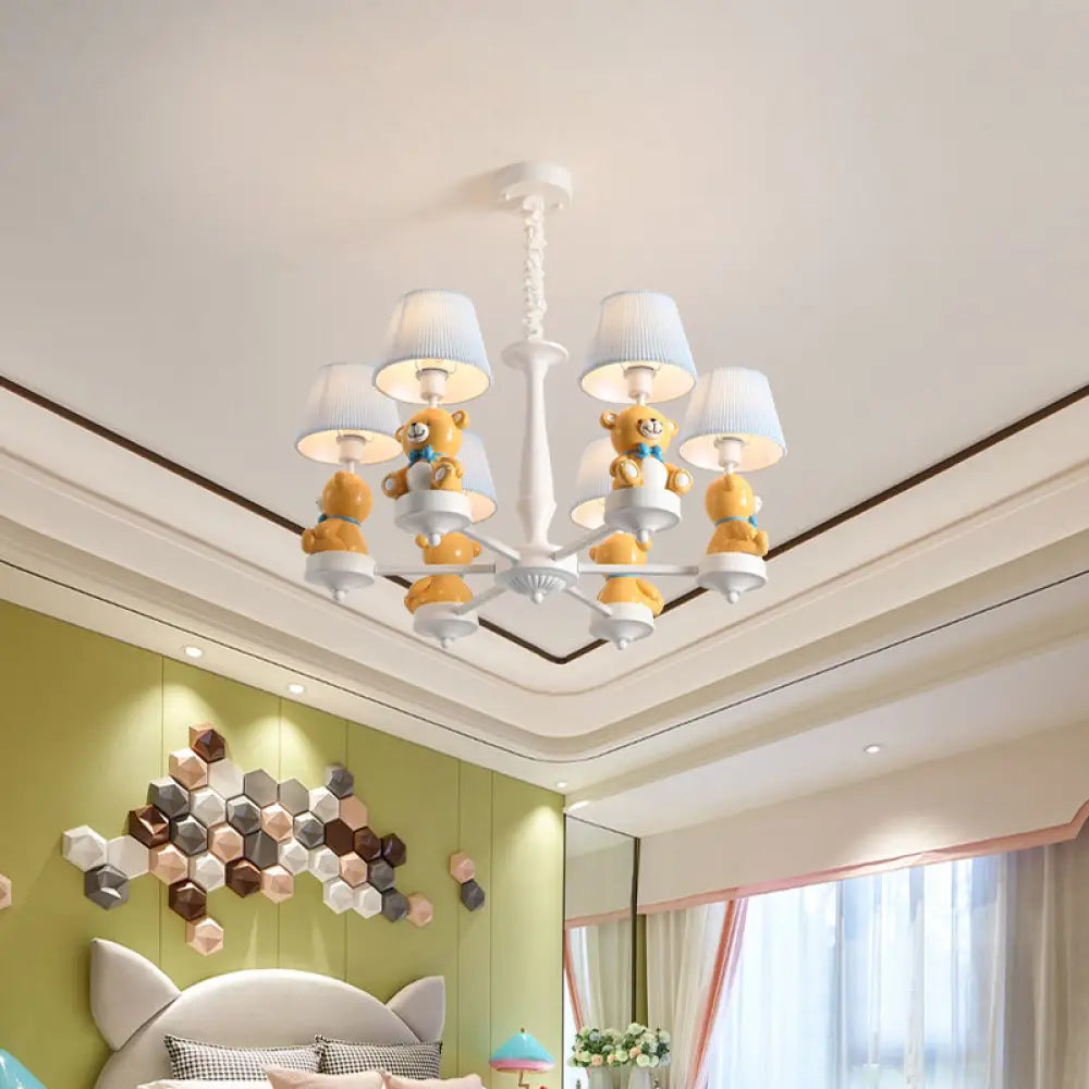 White Pleated Fabric Kids Bucket Chandelier With Decorative Bear Child Room Pendant Light 6 /