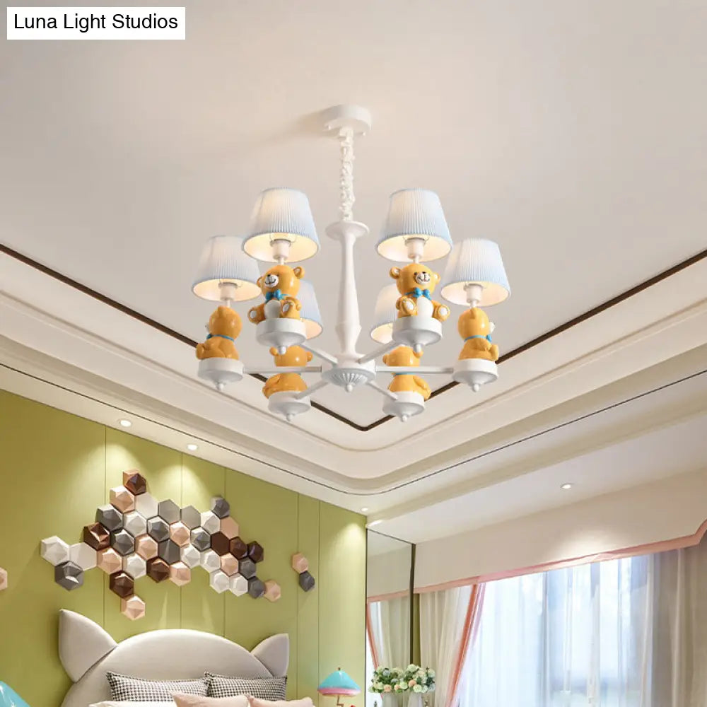 White Pleated Fabric Kids Bucket Chandelier With Decorative Bear Child Room Pendant Light