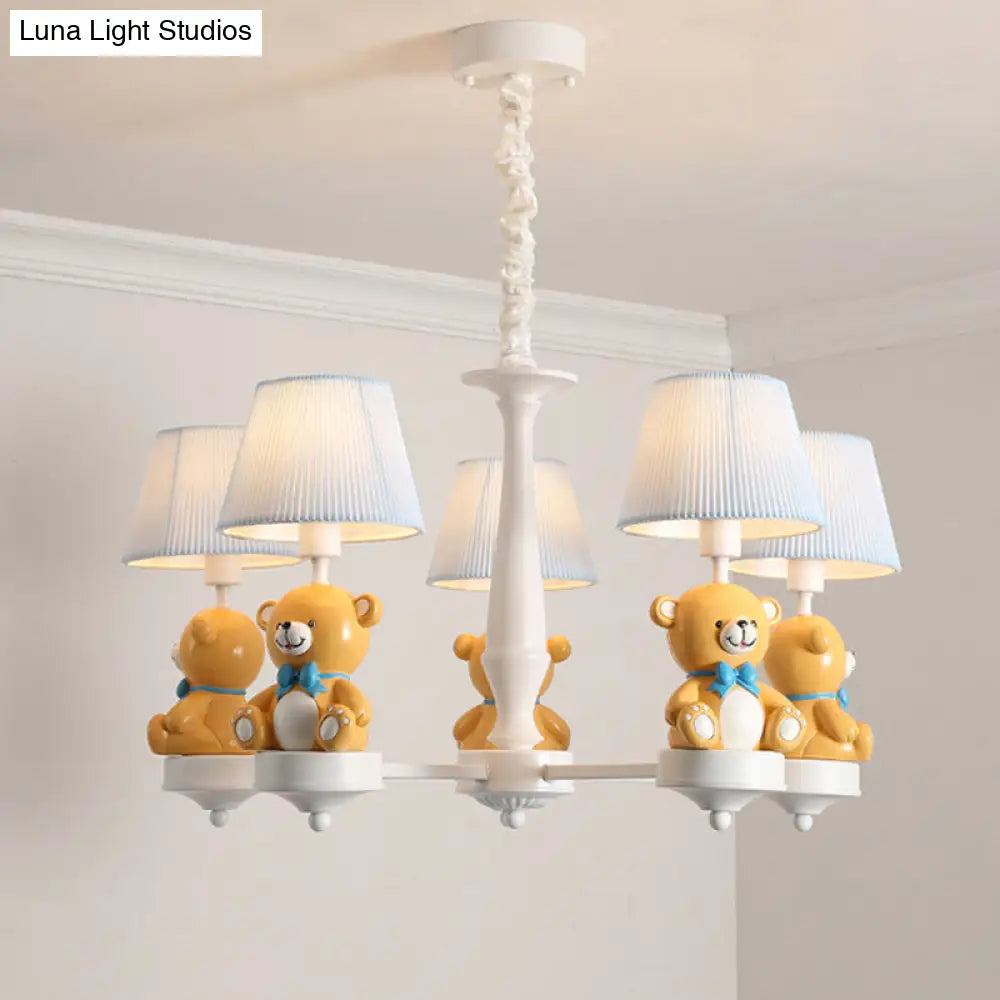 White Pleated Fabric Kids Bucket Chandelier With Decorative Bear Child Room Pendant Light