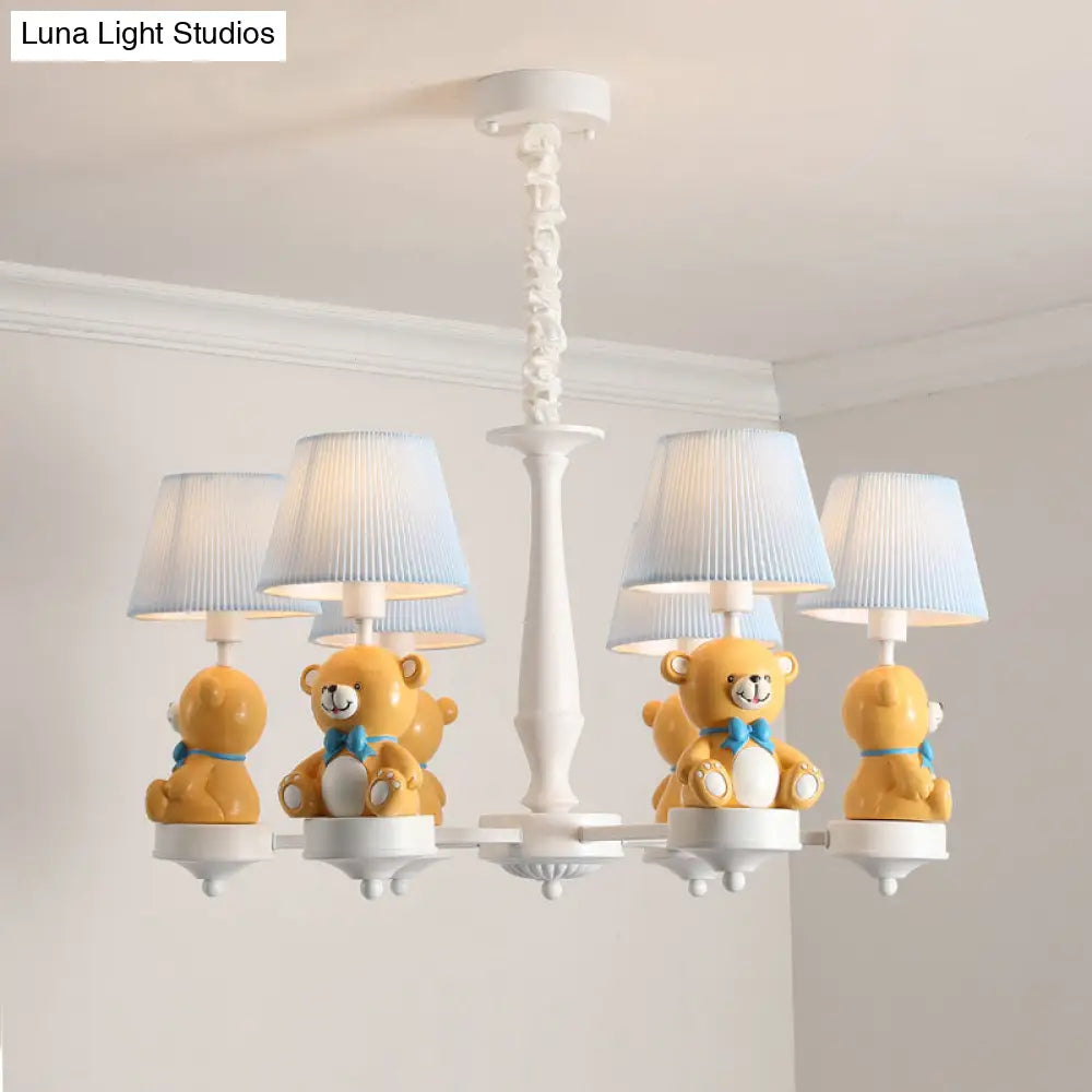 White Pleated Fabric Kids Bucket Chandelier With Decorative Bear Child Room Pendant Light