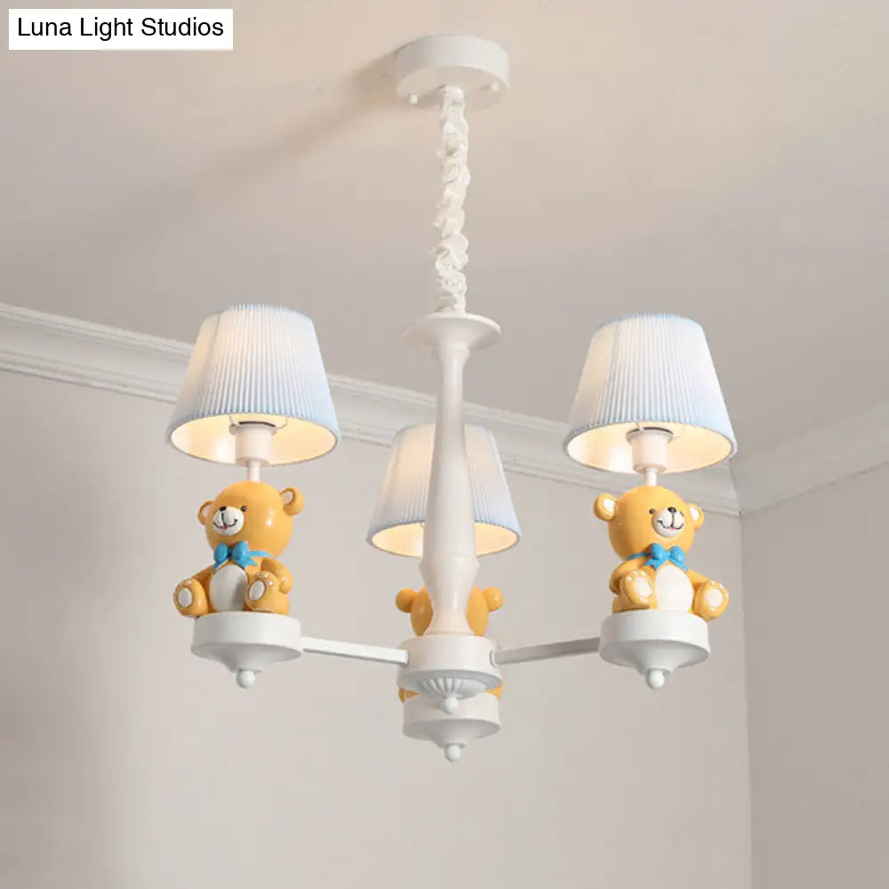 White Pleated Fabric Kids Bucket Chandelier With Decorative Bear Child Room Pendant Light