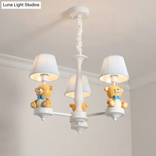 White Pleated Fabric Kids Bucket Chandelier With Decorative Bear Child Room Pendant Light