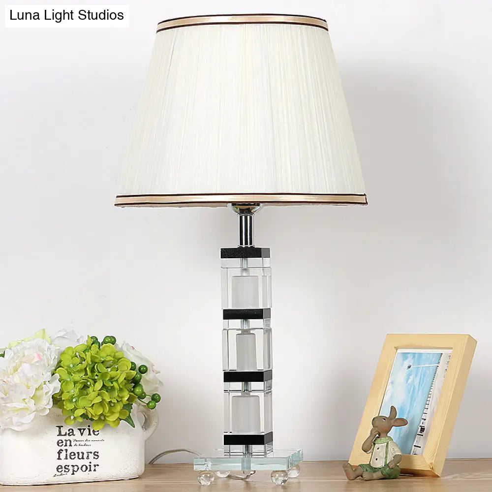 White Pleated Fabric Nightstand Lamp With Crystal Base - Simple & Elegant Table Light For Bedroom