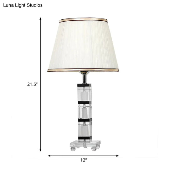 White Pleated Fabric Nightstand Lamp With Crystal Base - Simple & Elegant Table Light For Bedroom