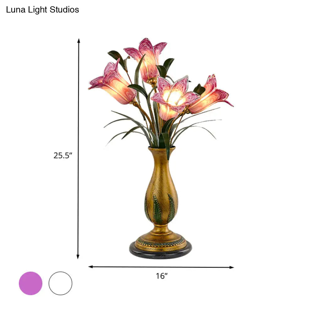 White/Purple Glass Floral Table Light: Traditional-Style 4-Light Nightstand Lamp