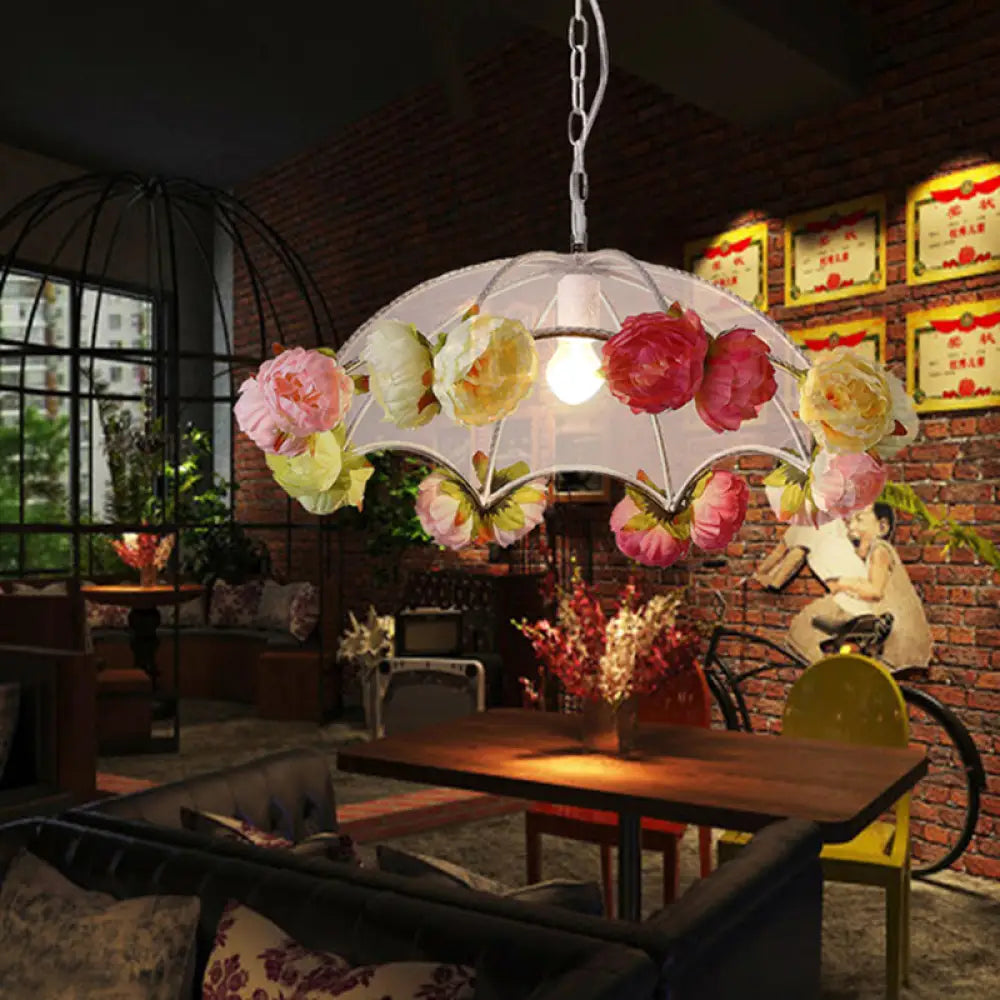 White Pvc Umbrella Pendant Light With Hanging Artificial Flower Deco - 1 Antiqued