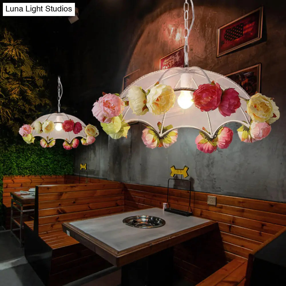 Antiqued Pvc Umbrella Pendant Light Kit With Artificial Flower Accent - White