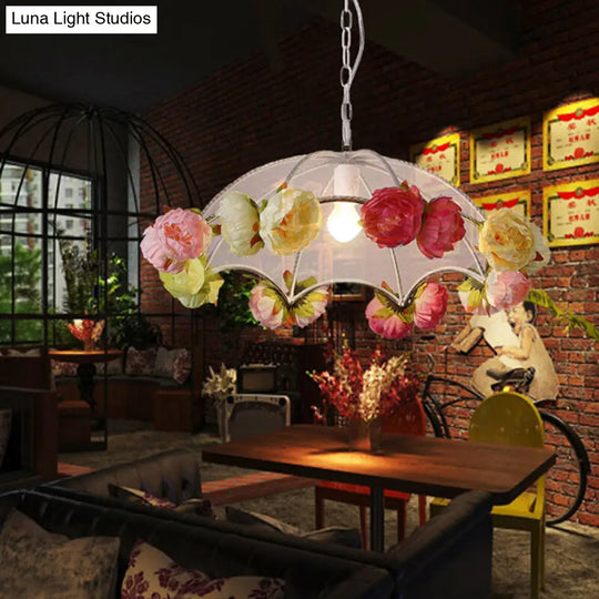 Antiqued Pvc Umbrella Pendant Light Kit With Artificial Flower Accent - White