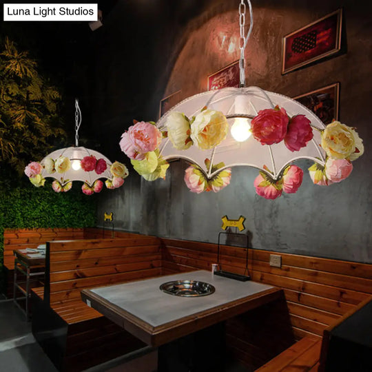 White Pvc Umbrella Pendant Light With Hanging Artificial Flower Deco - 1 Antiqued