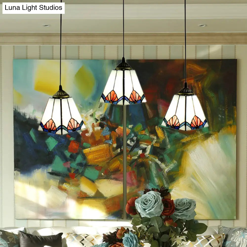 White Pyramid Cluster Pendant With Stained Art Glass - Industrial Ceiling Hang Fixture For Living