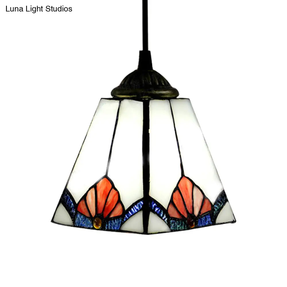 White Pyramid Cluster Pendant With Stained Art Glass - Industrial Ceiling Hang Fixture For Living