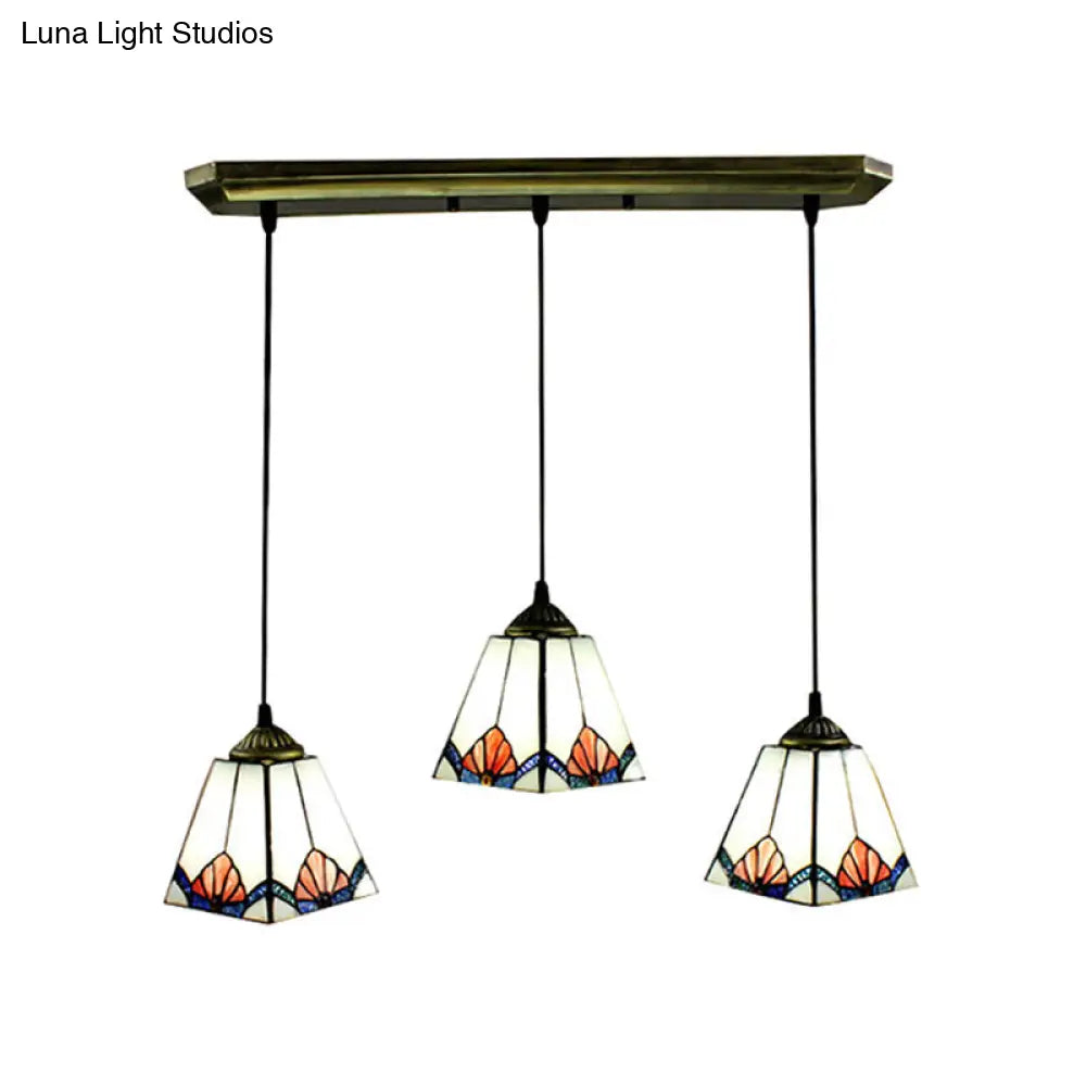 Stained Glass Industrial Pendant Light With 3 Bulbs For Living Room