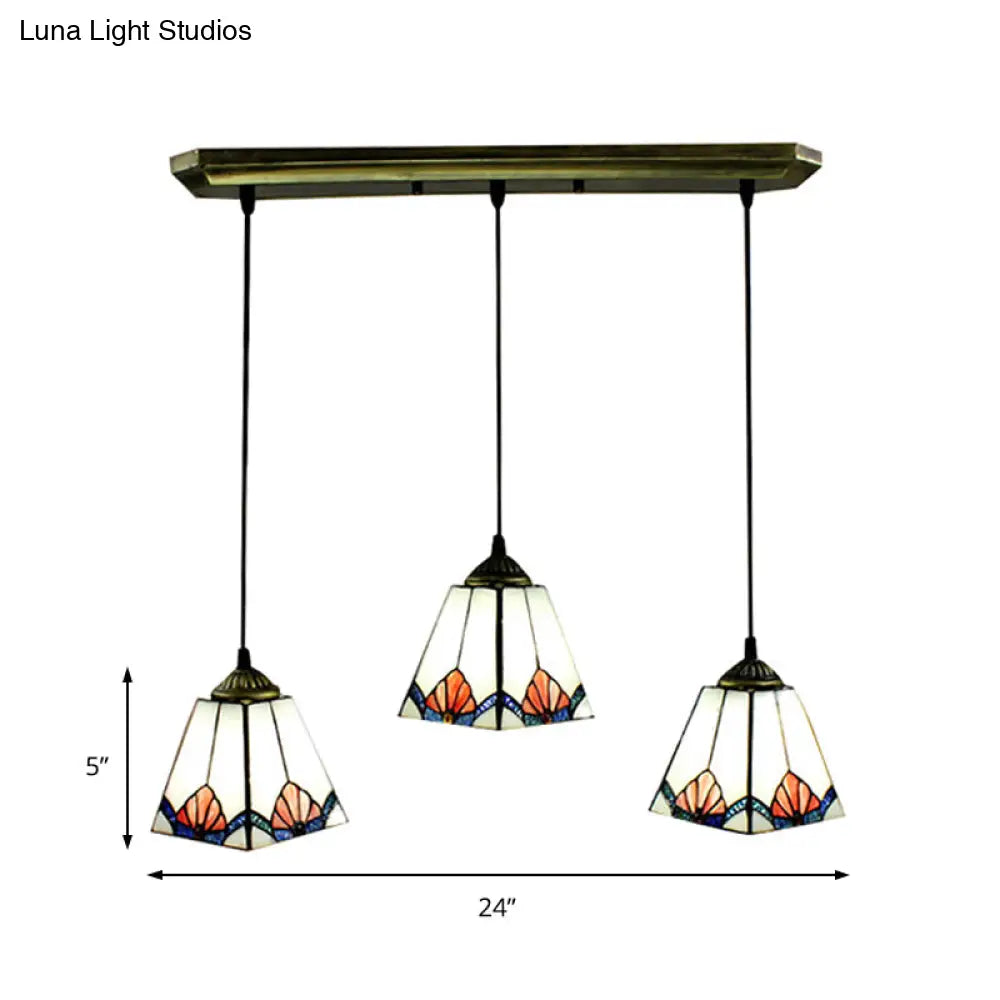 White Pyramid Cluster Pendant With Stained Art Glass - Industrial Ceiling Hang Fixture For Living