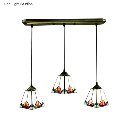 White Pyramid Cluster Pendant With Stained Art Glass - Industrial Ceiling Hang Fixture For Living