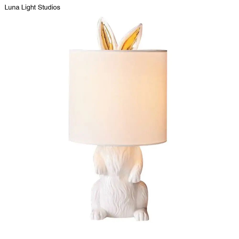 White Rabbit Pedestal Cartoon Night Light For Bedroom - Fabric Cylindrical Table Lamp