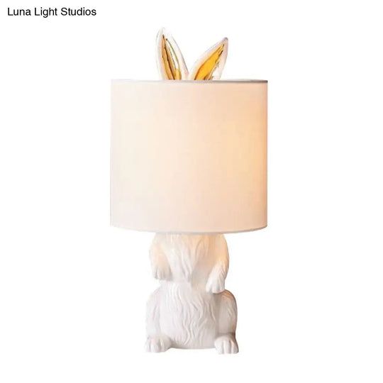 White Rabbit Pedestal Cartoon Night Light For Bedroom - Fabric Cylindrical Table Lamp