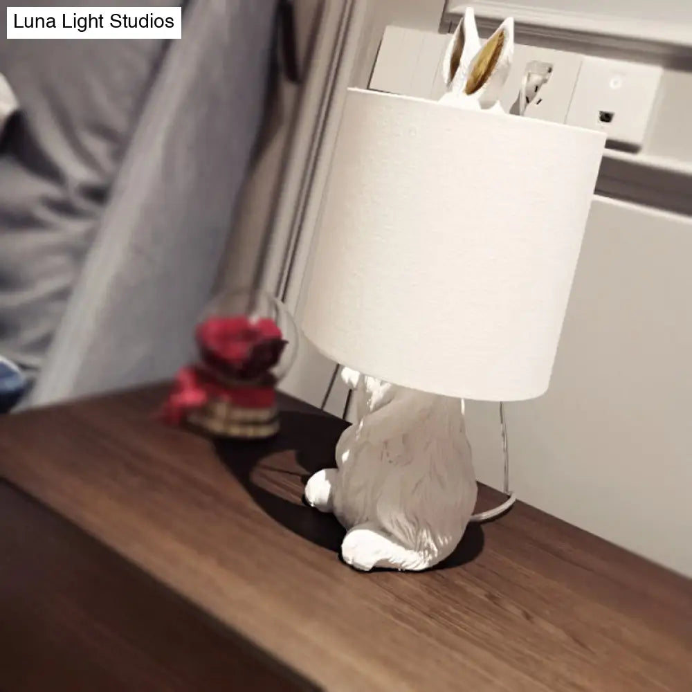 White Rabbit Resin Bedside Lamp - Countryside Style Fabric Shade 1-Light Table Light