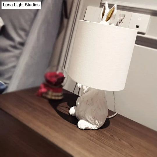 White Rabbit Resin Bedside Lamp - Countryside Style Fabric Shade 1-Light Table Light