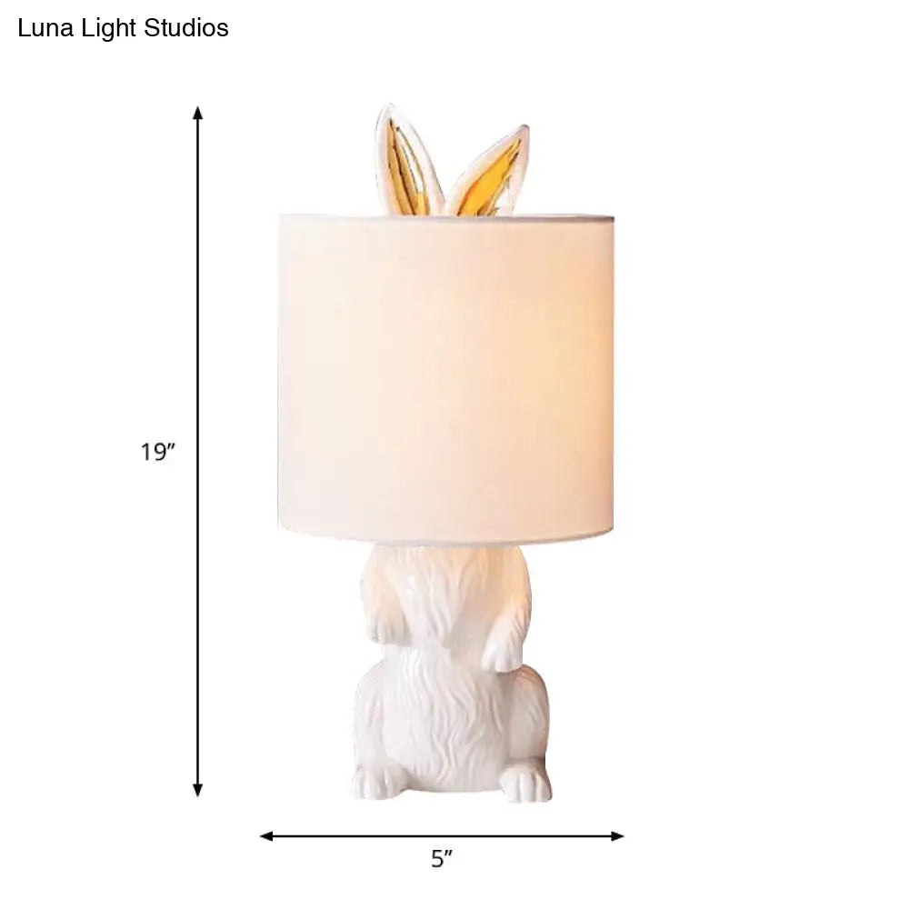 White Rabbit Resin Bedside Lamp - Countryside Style Fabric Shade 1-Light Table Light