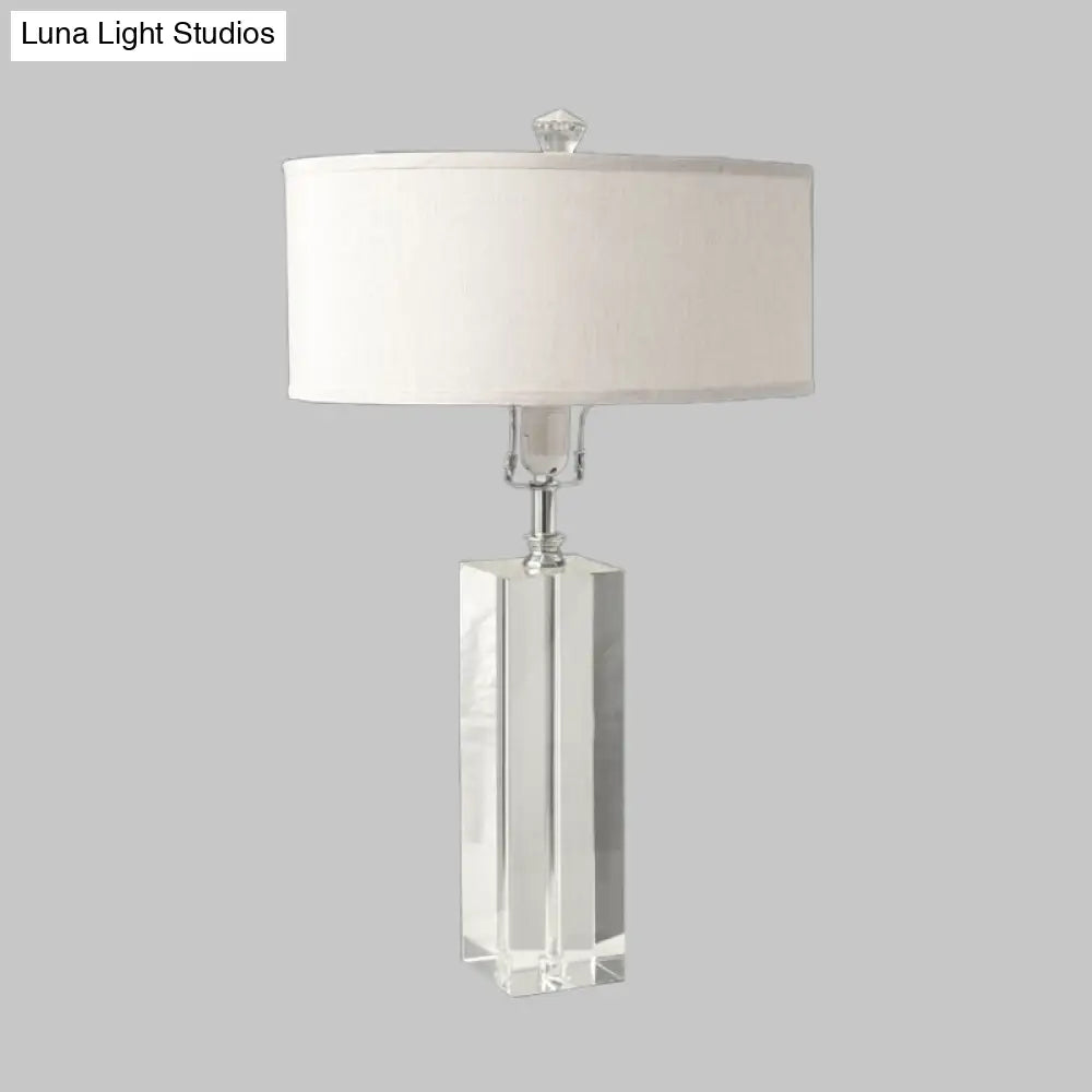 White Rectangle Crystal Table Lamp With Round Fabric Shade Ideal For Bedroom Night Light