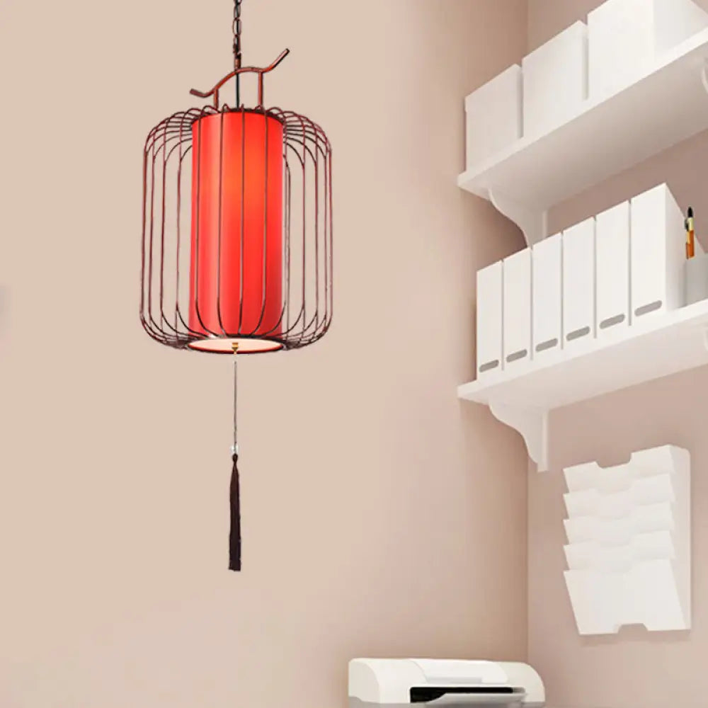 White/Red Lantern Pendant Light Classic Fabric Various Sizes 1-Light Tea Room Suspension Lamp Red /