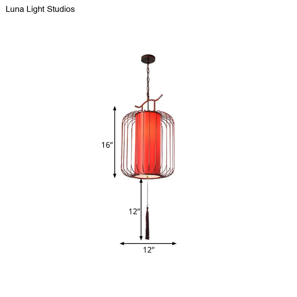 White/Red Lantern Pendant Light Classic Fabric Various Sizes 1-Light Tea Room Suspension Lamp