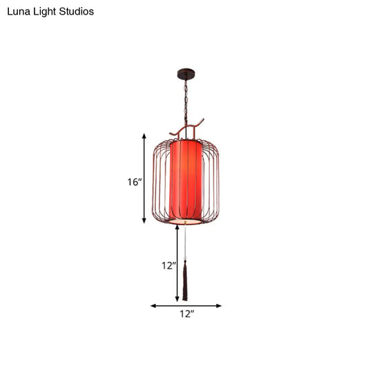 White/Red Lantern Pendant Light Classic Fabric Various Sizes 1-Light Tea Room Suspension Lamp