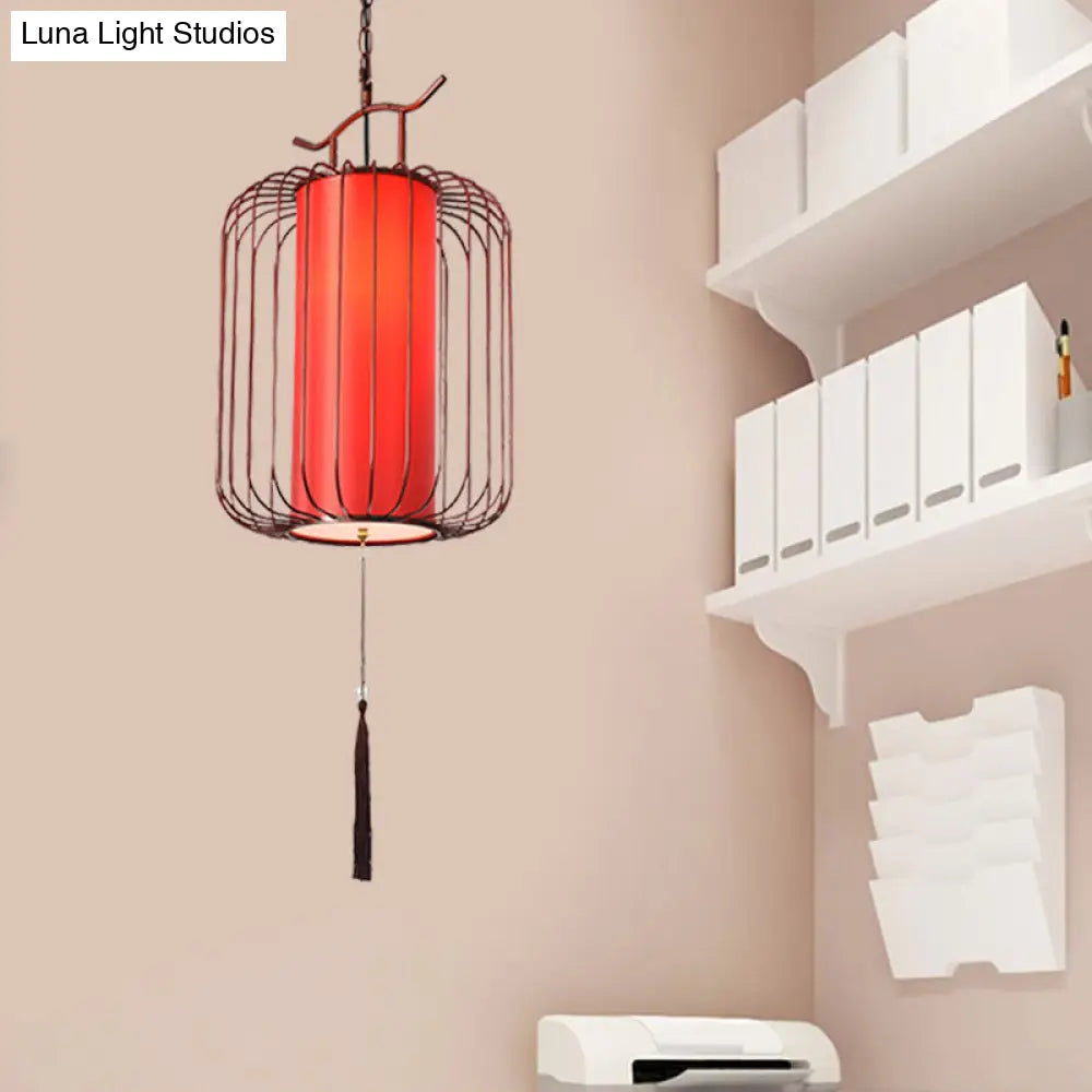 White/Red Lantern Pendant Light Classic Fabric Various Sizes 1-Light Tea Room Suspension Lamp