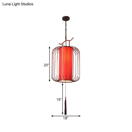 White/Red Lantern Pendant Light Classic Fabric Various Sizes 1-Light Tea Room Suspension Lamp