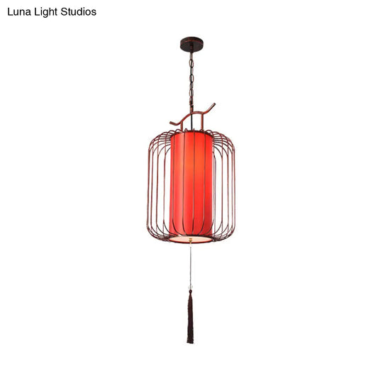 White/Red Lantern Pendant Light Classic Fabric Various Sizes 1-Light Tea Room Suspension Lamp